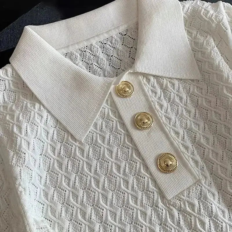 Ice Silk Polo Shirt Knitted Short Sleeve T-Shirt Summer Chic Thin Unique Jacquard Women Tops 2026 Korean Style Women’s Clothing