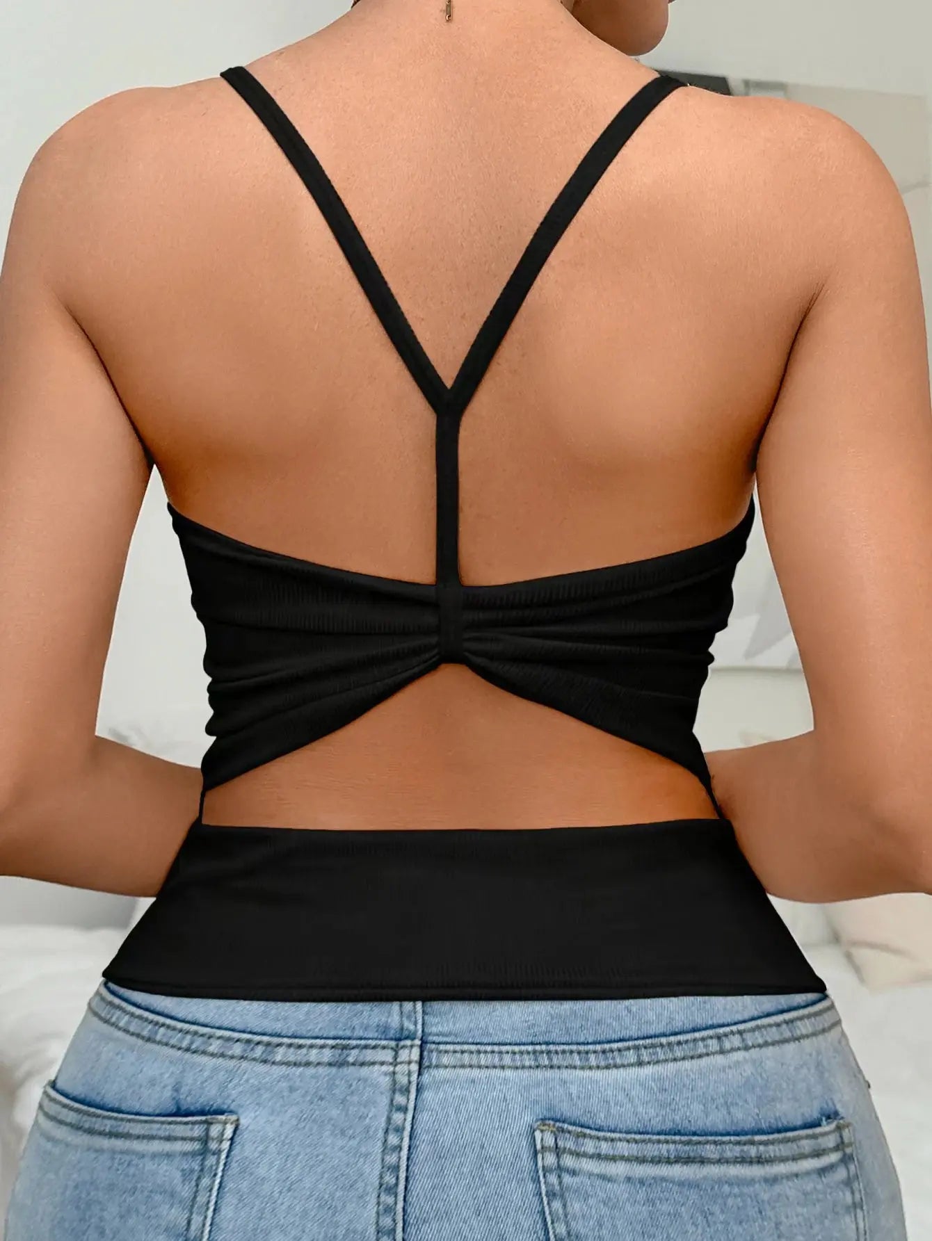 Wear Outside Ribbed Tank Top with Built-in Padded Bra, Backless Twisted Y-Strap Women’s Clothing