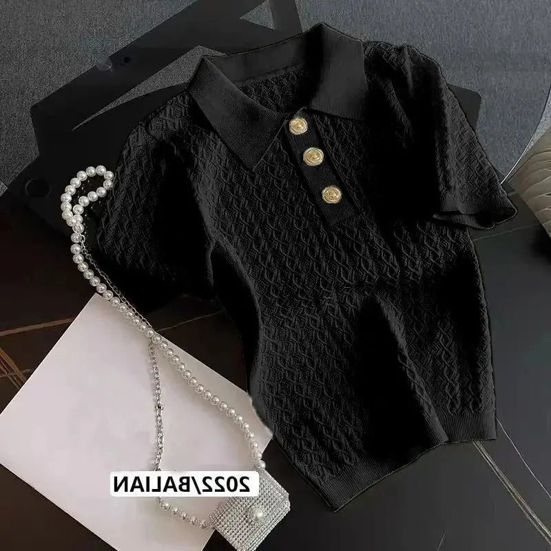 Ice Silk Polo Shirt Knitted Short Sleeve T-Shirt Summer Chic Thin Unique Jacquard Women Tops 2026 Korean Style Women’s Clothing